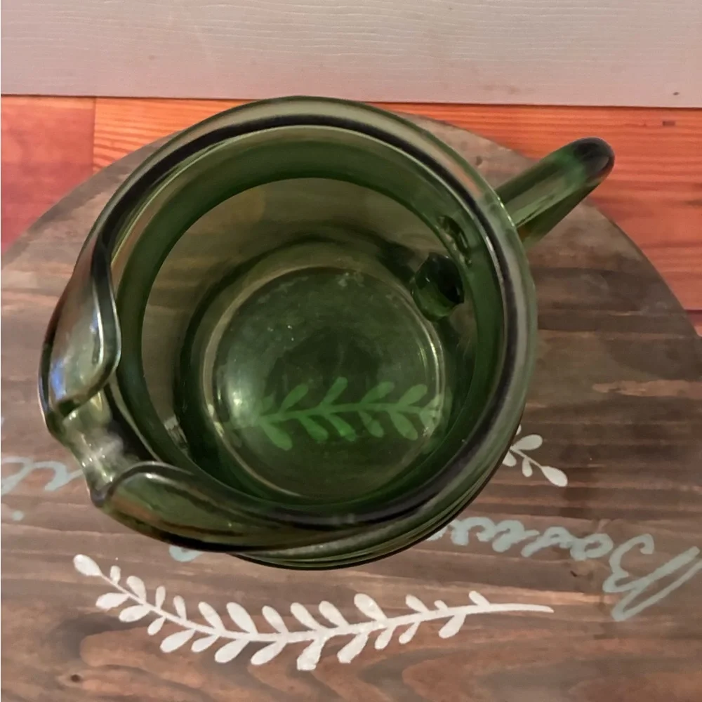 Vintage MCM Avocado Green Glass Pitcher with Ice Lip, 9.5” tall